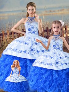 Glorious Floor Length Lace Up Quinceanera Gown Blue And White for Sweet 16 and Quinceanera with Embroidery and Ruffles Court Train
