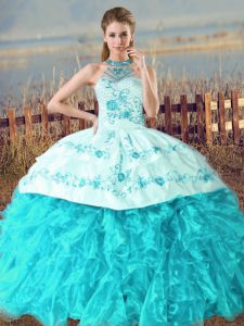 Organza Halter Top Sleeveless Court Train Lace Up Embroidery and Ruffles Quince Ball Gowns in Aqua Blue