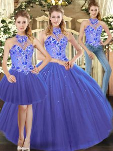 Custom Made Blue Sleeveless Embroidery Floor Length Quinceanera Gown