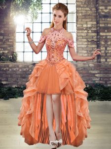Stylish Sleeveless Tulle High Low Lace Up Dress for Prom in Orange with Beading and Ruffles