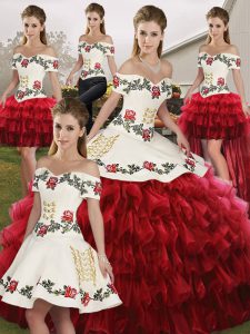 Off The Shoulder Sleeveless Quinceanera Dress Floor Length Embroidery and Ruffled Layers Wine Red Organza