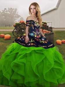 Cheap Embroidery and Ruffles Sweet 16 Dress Green Lace Up Sleeveless Floor Length