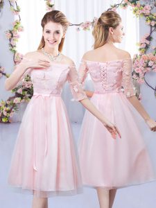 Tea Length Lace Up Quinceanera Court of Honor Dress Baby Pink for Wedding Party with Lace and Belt