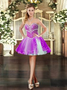 Purple Sleeveless Mini Length Beading Lace Up Prom Dresses
