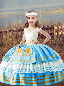 Baby Blue Sleeveless Satin Lace Up Little Girls Pageant Dress for Wedding Party