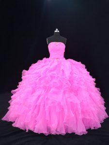 Popular Pink and Rose Pink Sleeveless Organza Lace Up 15th Birthday Dress for Sweet 16 and Quinceanera