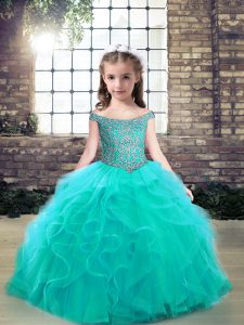 Sleeveless Lace Up Floor Length Beading and Ruffles Little Girl Pageant Gowns