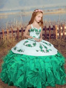Straps Sleeveless Little Girl Pageant Dress Floor Length Embroidery and Ruffles Turquoise Organza