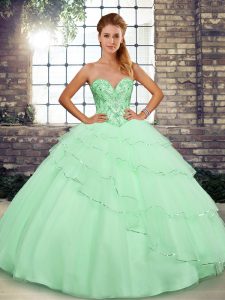 Artistic Tulle Sweetheart Sleeveless Brush Train Lace Up Beading and Ruffled Layers Quinceanera Gowns in Apple Green