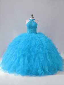 Custom Fit Tulle Halter Top Sleeveless Lace Up Beading and Ruffles 15 Quinceanera Dress in Blue