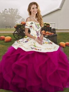 Decent Tulle Off The Shoulder Sleeveless Lace Up Embroidery and Ruffles Vestidos de Quinceanera in Fuchsia