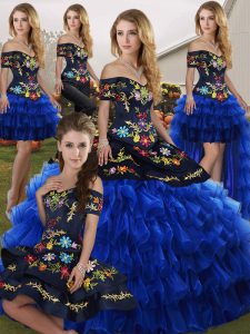 Blue And Black Lace Up Quinceanera Dress Embroidery and Ruffled Layers Sleeveless Floor Length