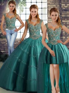 Smart Teal Tulle Lace Up Straps Sleeveless Floor Length Sweet 16 Dress Beading and Appliques