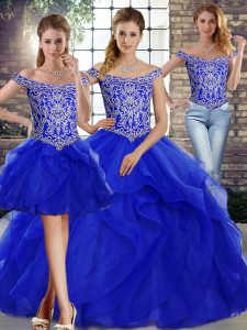 Enchanting Royal Blue Off The Shoulder Lace Up Beading and Ruffles Vestidos de Quinceanera Brush Train Sleeveless