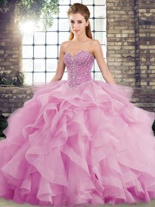 Beading and Ruffles Quinceanera Gown Lilac Lace Up Sleeveless Brush Train