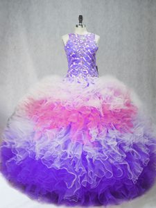 Pretty Multi-color Ball Gowns Scoop Sleeveless Tulle Floor Length Zipper Beading and Ruffles Sweet 16 Dresses