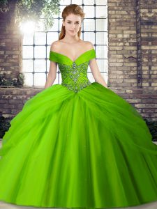 Pretty Off The Shoulder Neckline Beading and Pick Ups Ball Gown Prom Dress Sleeveless Lace Up