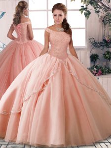 Customized Peach Off The Shoulder Lace Up Beading Quince Ball Gowns Brush Train Sleeveless