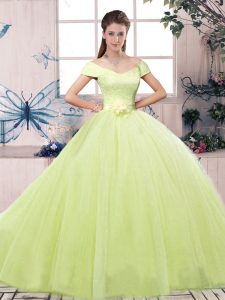 Unique Ball Gowns Quinceanera Gowns Yellow Green Off The Shoulder Tulle Short Sleeves Floor Length Lace Up