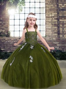 Fashionable Olive Green Strapless Lace Up Appliques Glitz Pageant Dress Sleeveless