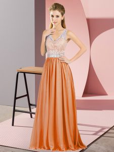 Admirable Floor Length Backless Homecoming Gowns Orange for Prom and Party and Military Ball with Beading and Lace