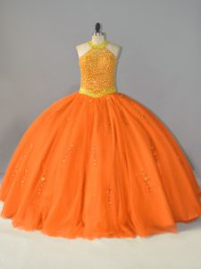 Custom Design Orange Tulle Lace Up Ball Gown Prom Dress Sleeveless Floor Length Beading