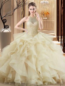 Champagne Sleeveless Brush Train Beading and Ruffles Quince Ball Gowns