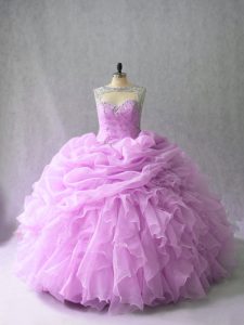 Beautiful Lilac Organza Lace Up Scoop Sleeveless Ball Gown Prom Dress Brush Train Beading and Ruffles