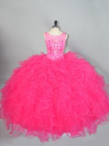 Superior Hot Pink Lace Up Scoop Beading and Ruffles Vestidos de Quinceanera Organza Sleeveless