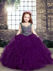 Eggplant Purple Pageant Gowns For Girls Party and Military Ball and Wedding Party with Beading and Ruffles Straps Sleeveless Lace Up