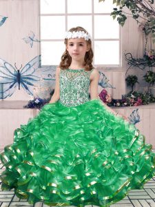 Cute Sleeveless Lace Up Floor Length Beading and Ruffles Little Girl Pageant Dress