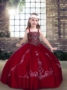 Top Selling Floor Length Lace Up Pageant Dress Toddler Wine Red for Party and Military Ball and Wedding Party with Beading