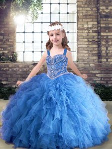 Trendy Sleeveless Floor Length Beading and Ruffles Lace Up Pageant Dress for Womens with Blue