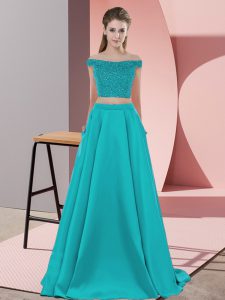 Romantic Elastic Woven Satin Off The Shoulder Sleeveless Sweep Train Backless Beading Homecoming Dress in Teal