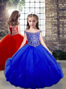 Attractive Royal Blue Off The Shoulder Neckline Beading Little Girl Pageant Dress Sleeveless Side Zipper