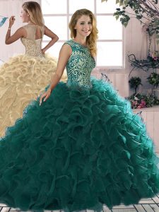 Flare Peacock Green Ball Gowns Beading and Ruffles Sweet 16 Dresses Lace Up Organza Sleeveless Floor Length
