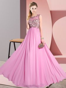 Stunning Chiffon Scoop Sleeveless Backless Beading and Appliques Vestidos de Damas in Rose Pink