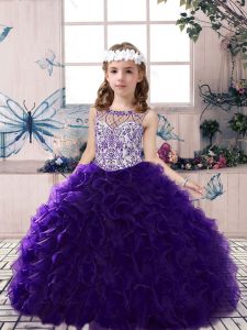 Purple Ball Gowns Beading and Ruffles High School Pageant Dress Lace Up Organza Sleeveless Floor Length