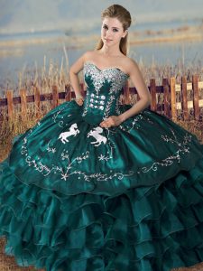 Hot Selling Sweetheart Sleeveless Satin and Organza Quinceanera Gown Embroidery and Ruffles Lace Up