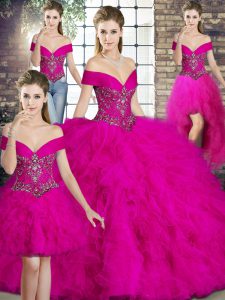 Luxurious Fuchsia Sleeveless Tulle Lace Up Ball Gown Prom Dress for Military Ball and Sweet 16 and Quinceanera