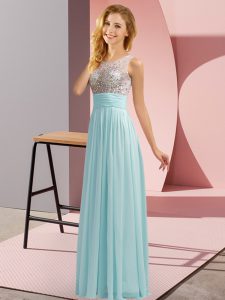 Aqua Blue Sleeveless Beading Floor Length Bridesmaid Dress
