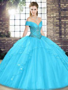 Off The Shoulder Sleeveless Lace Up Quinceanera Dresses Aqua Blue Tulle