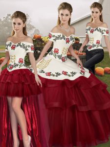 Edgy Wine Red Sleeveless Brush Train Embroidery and Ruffled Layers Sweet 16 Quinceanera Dress