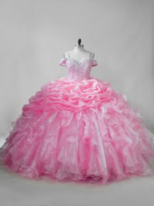 Comfortable Pink Lace Up Quinceanera Dress Beading and Ruffles and Pick Ups Sleeveless Brush Train