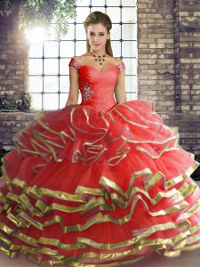 Discount Coral Red Off The Shoulder Neckline Beading and Ruffled Layers Quinceanera Gowns Sleeveless Lace Up