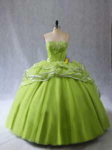 Sweetheart Sleeveless Organza and Tulle Quinceanera Gown Appliques and Ruffles Brush Train Lace Up