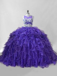 Sleeveless Organza Brush Train Zipper Quinceanera Dress in Purple with Beading and Ruffles