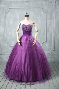 Eggplant Purple and Purple Tulle Lace Up Strapless Sleeveless Floor Length 15 Quinceanera Dress Beading