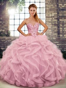 Pink Sleeveless Tulle Lace Up Quinceanera Gowns for Military Ball and Sweet 16 and Quinceanera