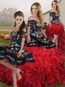 Amazing Red And Black Lace Up Quinceanera Dress Embroidery and Ruffles Sleeveless Floor Length
